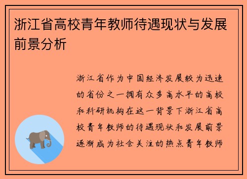 浙江省高校青年教师待遇现状与发展前景分析
