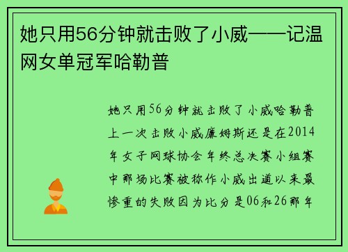 她只用56分钟就击败了小威——记温网女单冠军哈勒普