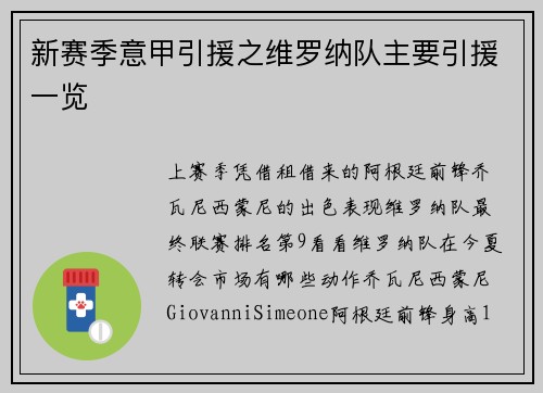 新赛季意甲引援之维罗纳队主要引援一览