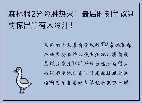 森林狼2分险胜热火！最后时刻争议判罚惊出所有人冷汗！