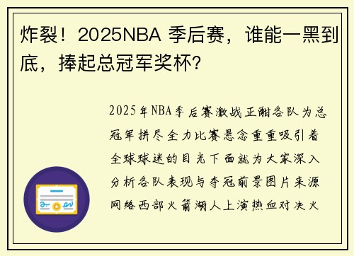炸裂！2025NBA 季后赛，谁能一黑到底，捧起总冠军奖杯？