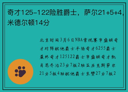 奇才125-122险胜爵士，萨尔21+5+4，米德尔顿14分