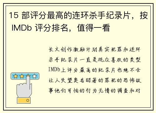 15 部评分最高的连环杀手纪录片，按 IMDb 评分排名，值得一看
