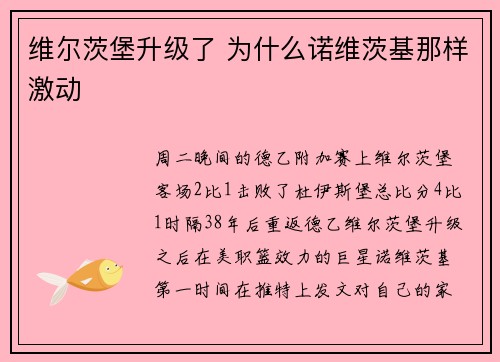 维尔茨堡升级了 为什么诺维茨基那样激动